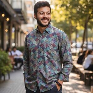 VTG Y2K 90’s SUMMA Silk Geometric Patchwork Print Button-Up Shirt XL Multicolor